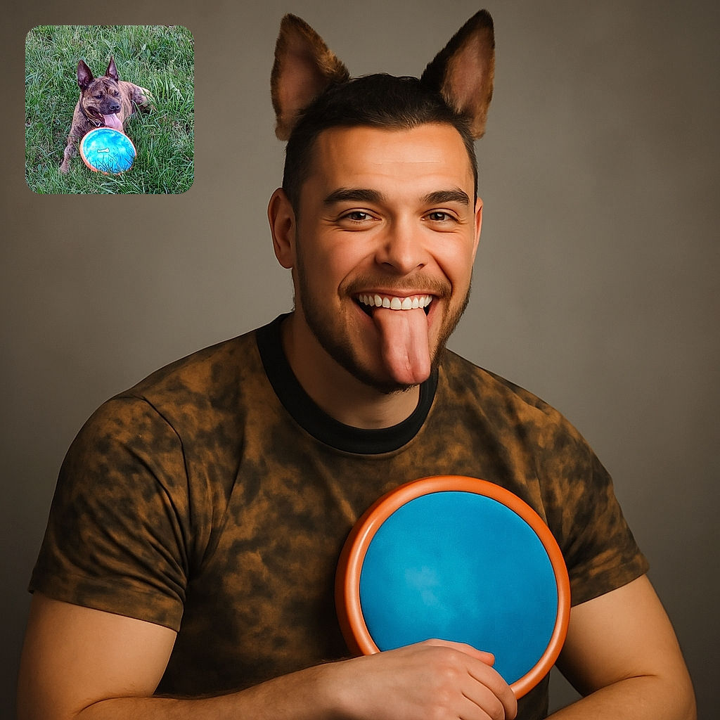 A happy brindle dog lying in lush green grass with its tongue out, holding a bright blue and orange frisbee, ready for a fun game of fetch.