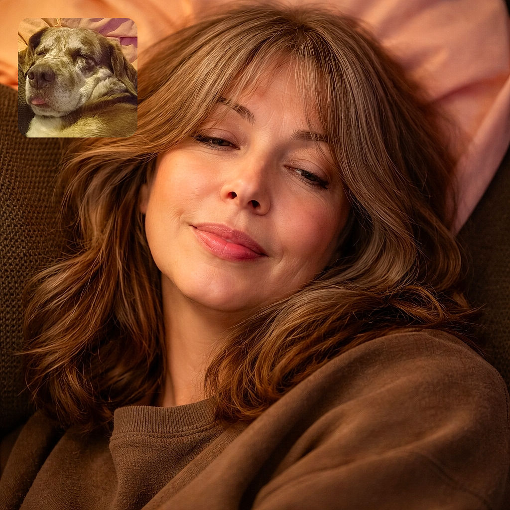 A blissfully dozy dog glaring at the camera with the world's tiniest pink tongue peeking out — equal parts majestic and derpy. Close-up shows speckled fur, a big snoot, and ears flopped against a cozy couch and blanket backdrop. You can practically hear the snore.