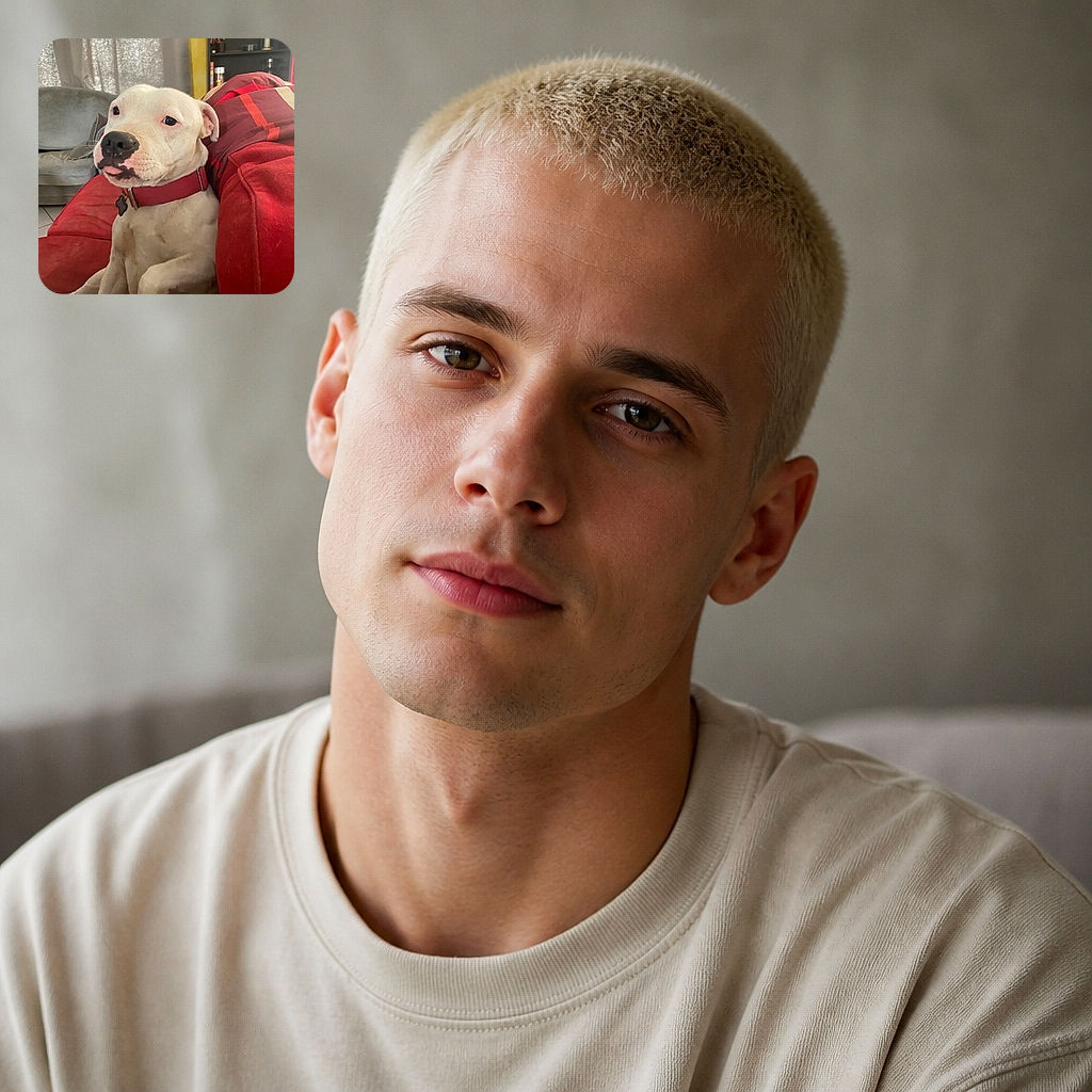 A handsome white dog lounges on a bright red couch, wearing a matching red collar and giving the camera a wonderfully serious expression—as if he has just been promoted to head of household security. Sunlight, curtains, and a shelf of knickknacks complete the cozy living-room scene.