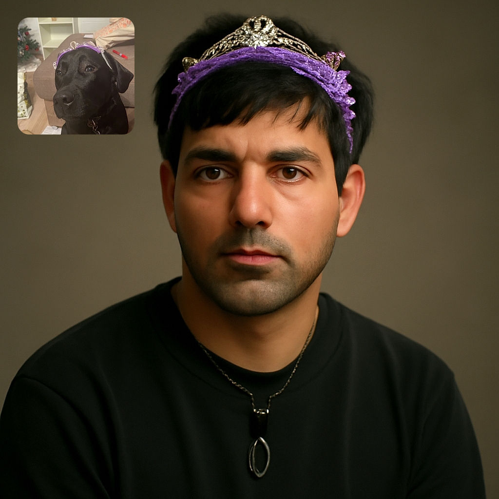 A black dog wearing a purple pair of goggles on its head sits indoors with a slightly curious expression. The background shows a couch, some scattered items, and a Christmas tree, giving a cozy, lived-in vibe.
