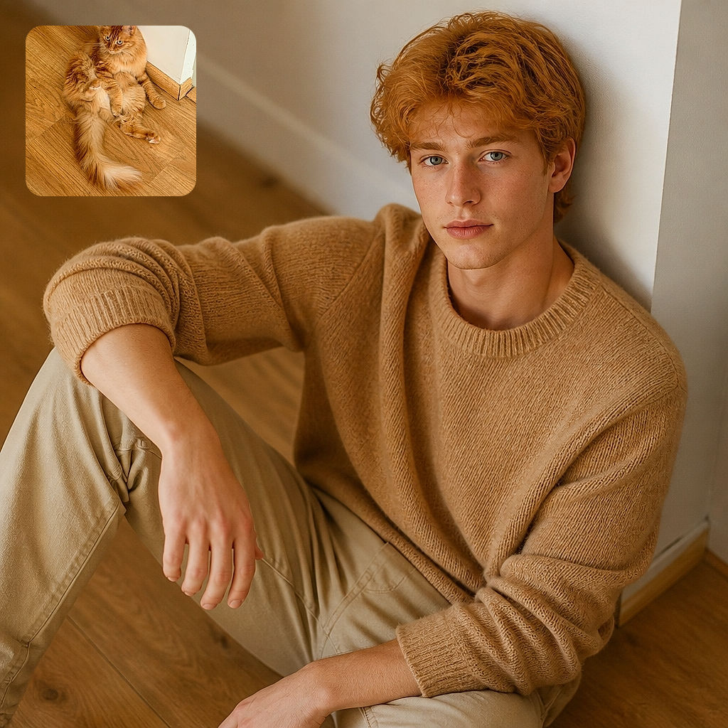 Two fluffy orange cats are lounging on a wooden floor, with one sitting upright like a tiny monarch while the other reclines dramatically in a pose that says, “I meant to fall this way.” Their luxurious tails and matching ginger fur turn the scene into a furry cinnamon-roll tableau.