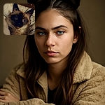 A cozy close-up of a fluffy cat with striking blue eyes nestled in a soft blanket, surrounded by a subtle sprinkle of tiny glowing stars, giving it a magical and dreamy vibe.