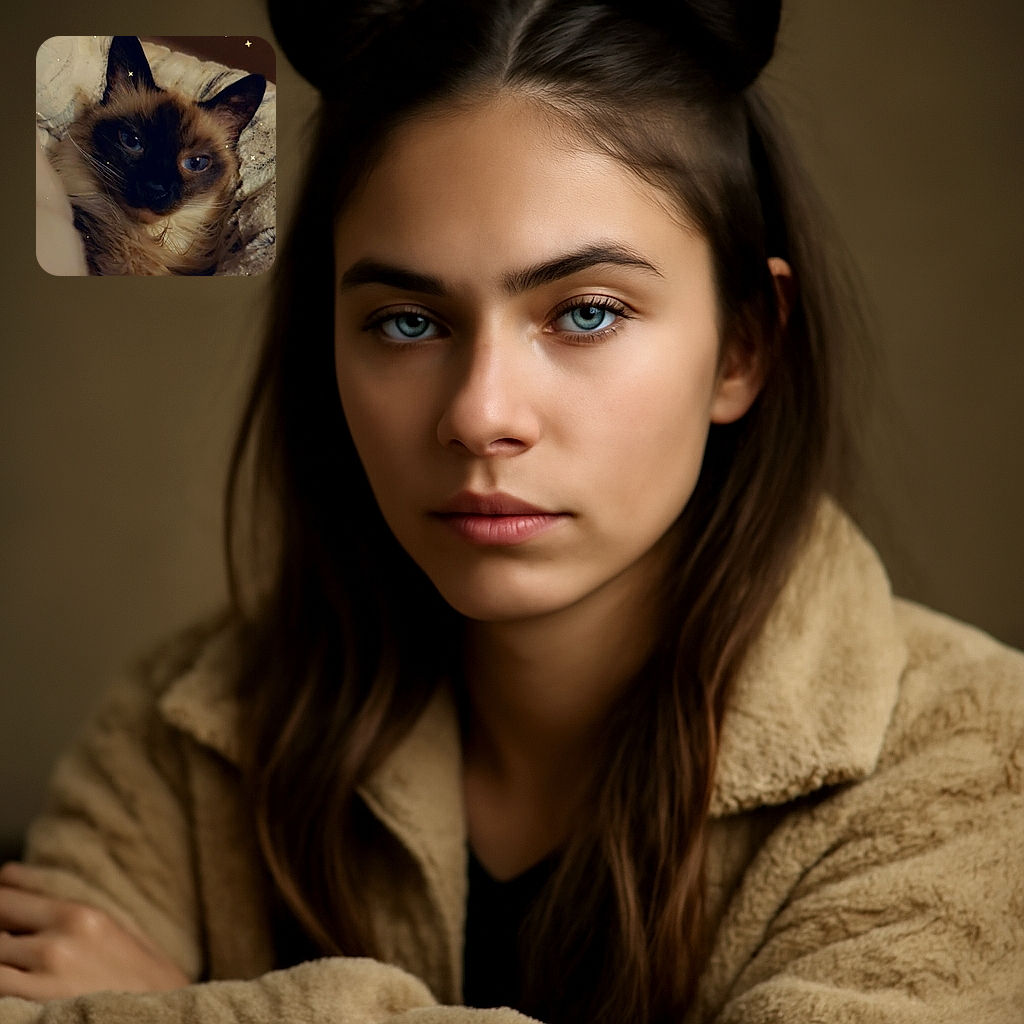 A cozy close-up of a fluffy cat with striking blue eyes nestled in a soft blanket, surrounded by a subtle sprinkle of tiny glowing stars, giving it a magical and dreamy vibe.