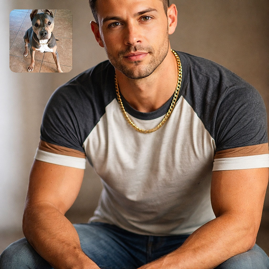 A charming pit bull sits squarely on a tiled floor, ears hilariously perked and eyes locked on the camera like it just heard the word 'treat' — sporting a chunky gold chain collar and giving full-on 'are you serious?' vibes while the TikTok watermark quietly judges from the corner.