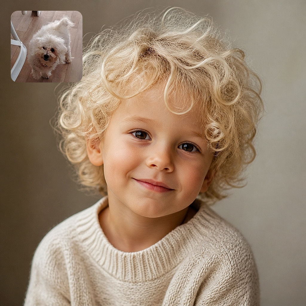 A fluffy little white dog stares up at the camera with the serious expression of a tiny cloud detective, standing proudly on a warm wooden floor beside a chair.