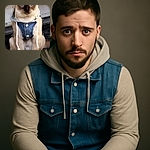 A charming Siamese cat sitting upright wearing a tiny denim vest with a gray hood, looking curiously at the camera. The background is a bit blurry with a rustic floor and a wall behind. The word 'Shadow' is boldly overlaid at the top.