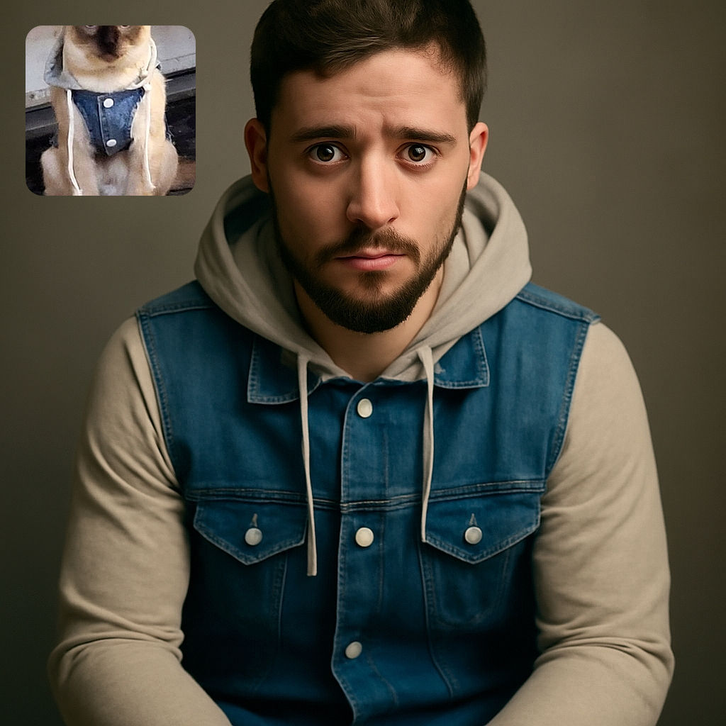 A charming Siamese cat sitting upright wearing a tiny denim vest with a gray hood, looking curiously at the camera. The background is a bit blurry with a rustic floor and a wall behind. The word 'Shadow' is boldly overlaid at the top.