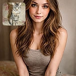 A curious tabby cat sits upright on a floral quilt, staring directly at the camera with wide, bright eyes, casting a soft shadow on the cozy background.