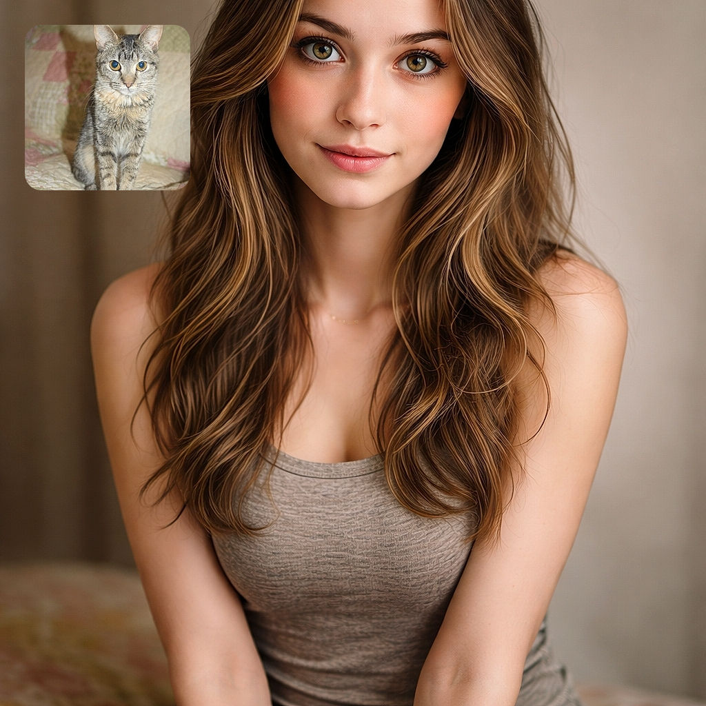 A curious tabby cat sits upright on a floral quilt, staring directly at the camera with wide, bright eyes, casting a soft shadow on the cozy background.