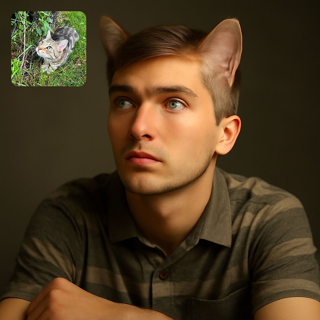 A curious tabby cat with striking blue-green eyes is crouched in the grass near a black chain-link fence, looking intently upwards as if spotting a secret squirrel or a flying treat.