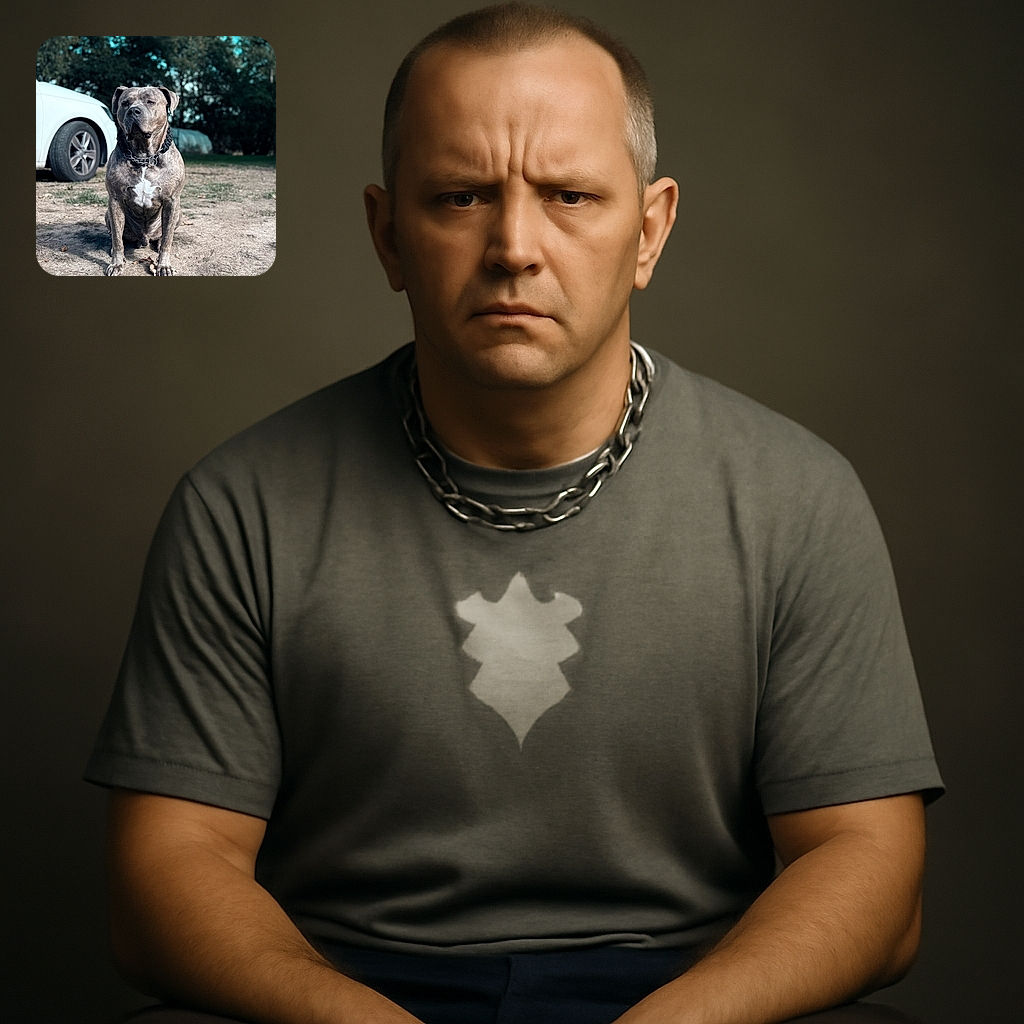 A majestic brindle dog sits proudly on a dirt patch, sporting a thick chain collar, with a white car and lush green trees softly blurred in the background under a bright blue sky.