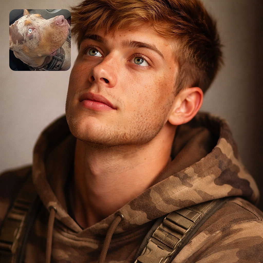 A close-up photo of a dog with striking pale blue eyes looking upwards inside a vehicle. The dog's unique coat pattern and the soft lighting highlight its features against the car interior and a colorful blanket.