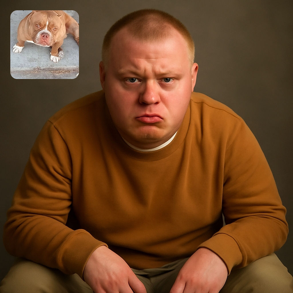 A sturdy brown and white dog with a serious face sits on a concrete surface, looking directly at the camera with a slightly grumpy but endearing expression.