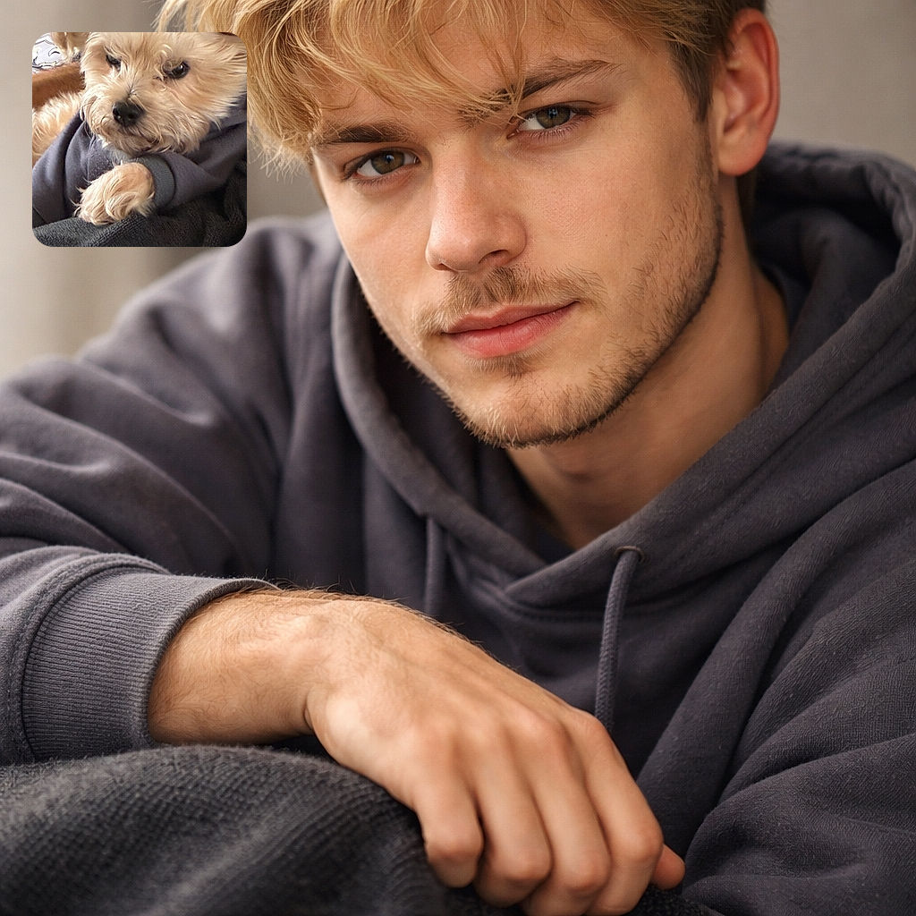 A fluffy little dog hogging the frame like a furry celebrity — nose centered, soulful eyes peeking through a mop of hair, one tiny paw draped over a cozy sleeve. Looks like the world can wait while this pup finishes nap time and demands snacks with maximum cuteness.