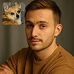 A close-up of a small dog with large, expressive eyes looking back over its shoulder, giving off a vibe of curious suspicion or mild surprise, set against a soft, neutral background.