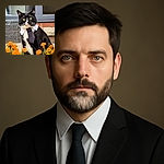 A dignified black and white cat wearing a tiny white collar and black tie sits proudly among bright orange marigold flowers in a garden, looking like the CEO of the backyard business.