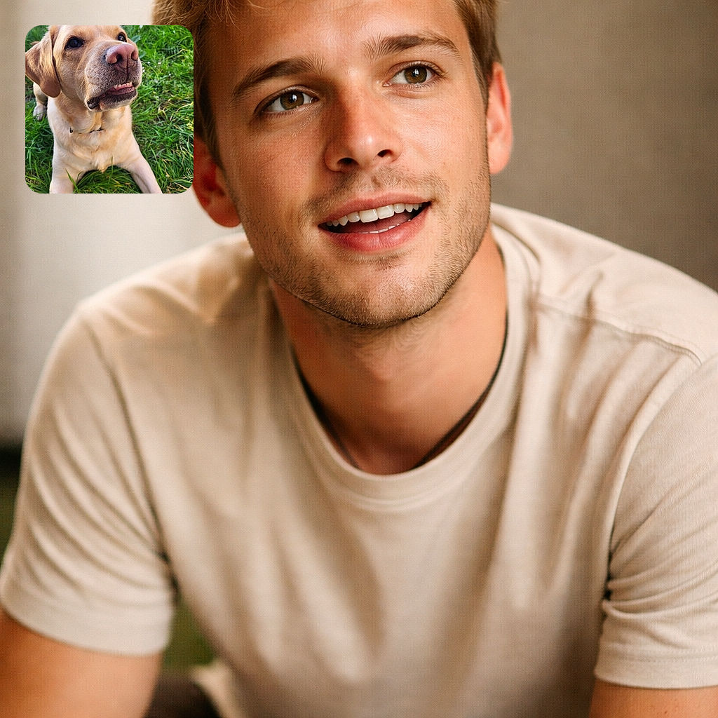 A sunlit yellow Labrador stares up with a goofy half-smile, big wet nose front-and-center and tiny teeth peeking out — grass all around like a green carpet for this photogenic goof.