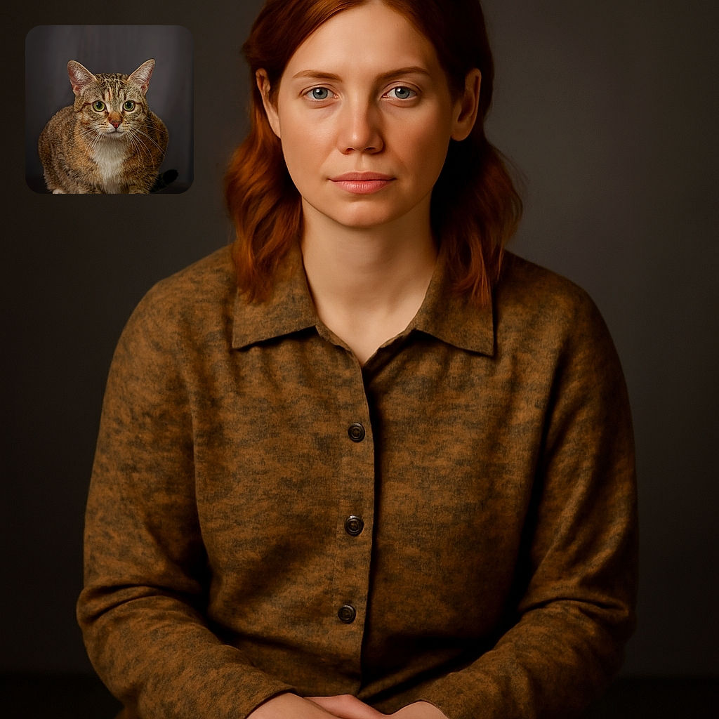 A focused portrait of a curious tabby cat with striking green eyes, sitting attentively against a dark, blurred background, showcasing its detailed fur and white paws.