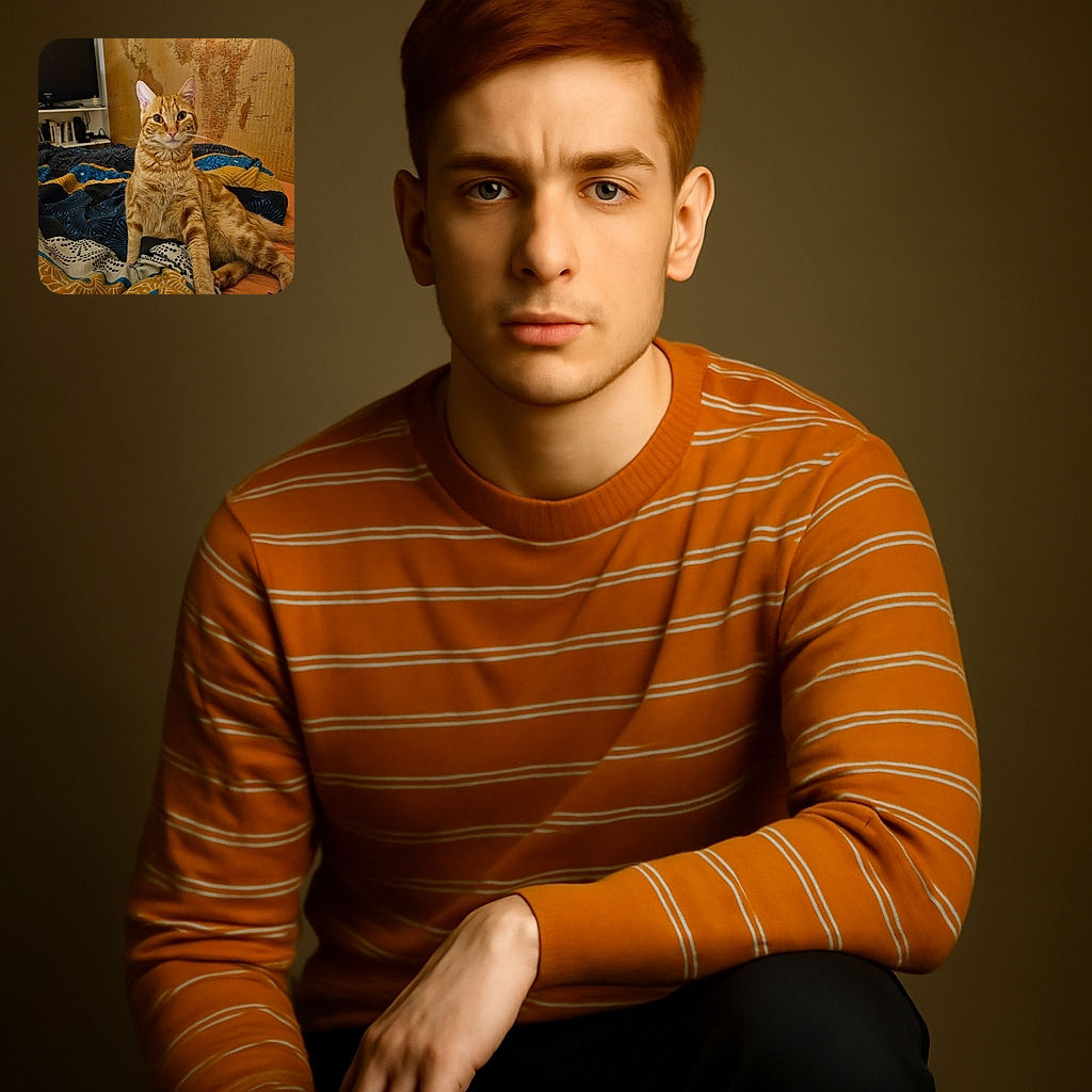 A charming orange tabby cat lounges regally on a colorful patterned blanket with a vintage map wall in the background and a TV and bookshelf off to the side, looking like the undisputed ruler of cozy corners.