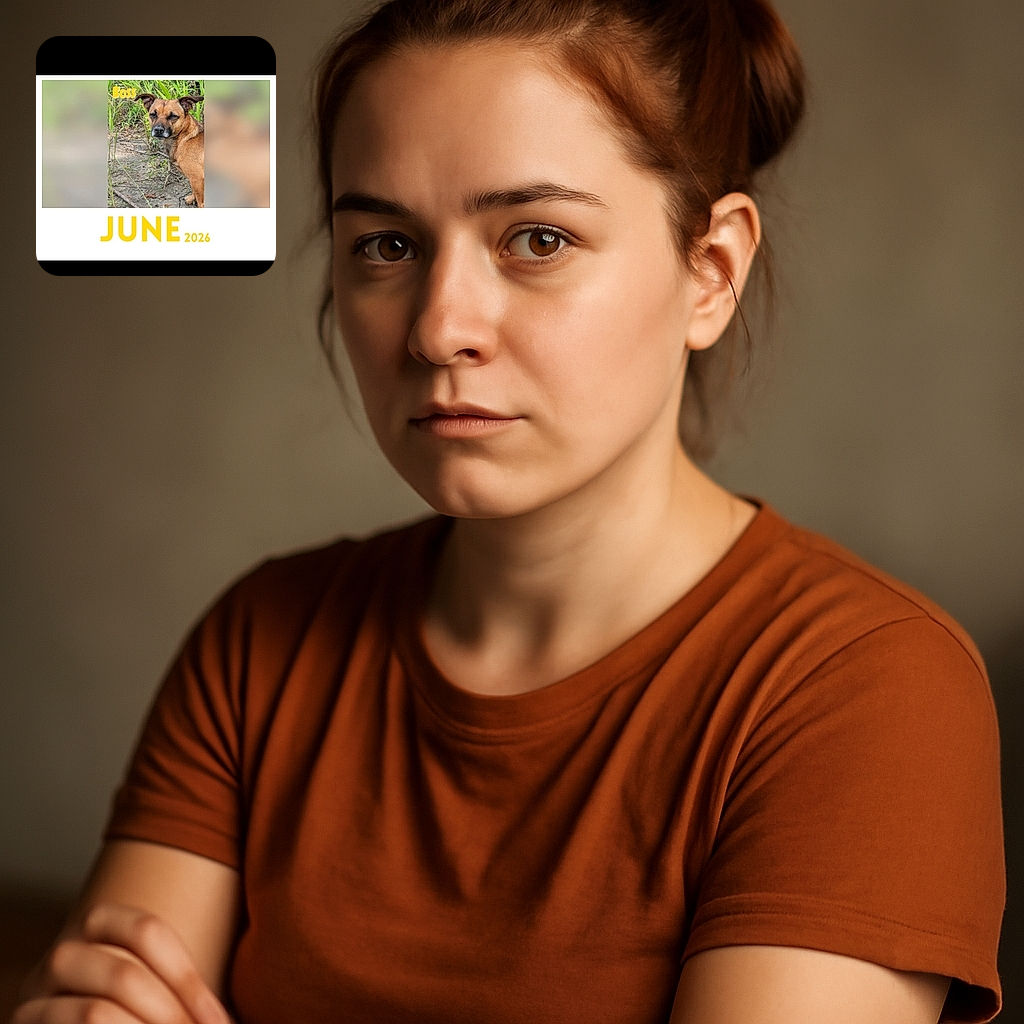 A brown dog standing outdoors on a dirt patch with green plants in the background. The photo is part of a calendar page for June 2026 with the word 'Boss' written in yellow near the dog's head. The image is clear but looks like a casual snapshot rather than a professional photo.