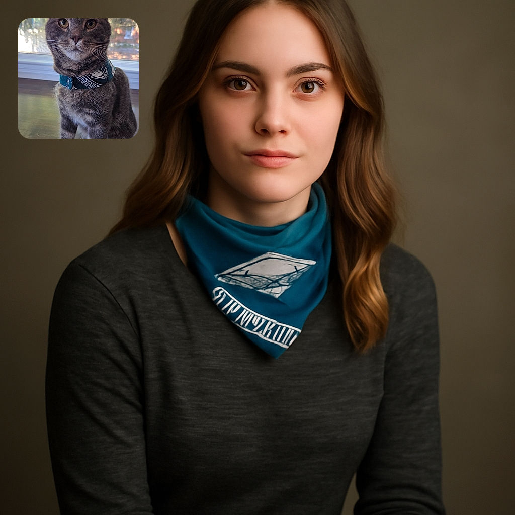 A dignified tabby cat wearing a sporty Philadelphia Eagles bandana sits attentively on a wooden surface with a softly blurred window and greenery background, looking directly at the camera with curious eyes.