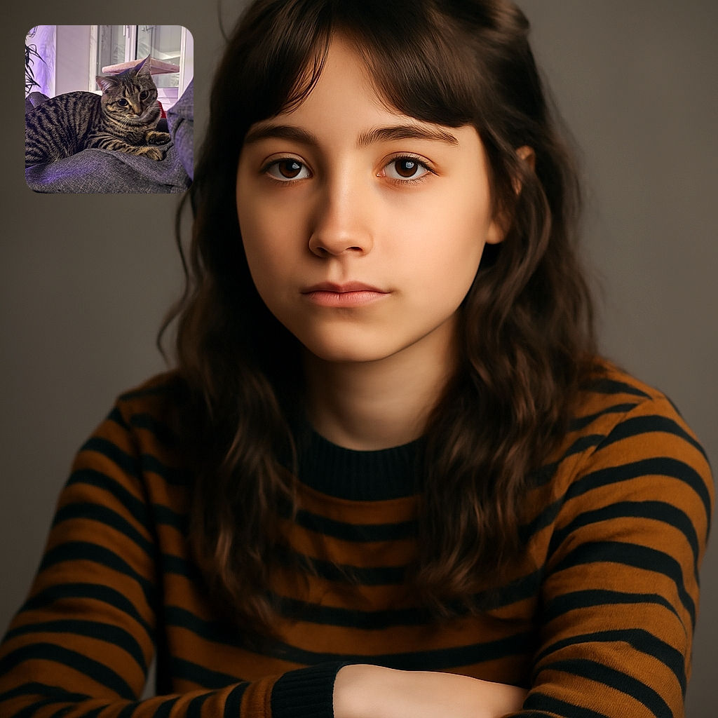 A cozy tabby cat lounges comfortably on a grey fabric surface, eyes wide and curious, with a soft purple light casting a gentle glow in the background, creating a calm and homey atmosphere.