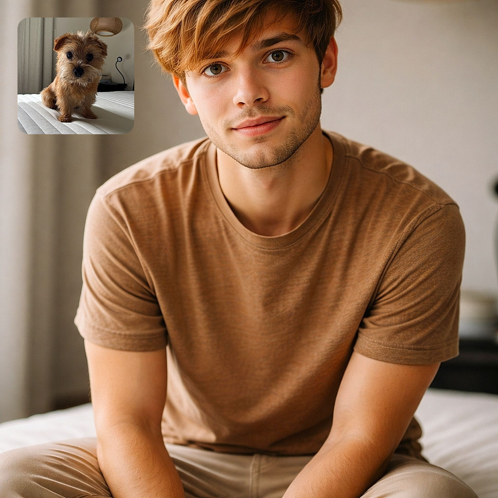 A fluffy little dog with soulful eyes sits attentively on a pristine white mattress, looking like it just woke up from a cozy nap. The soft natural lighting highlights its tousled fur, while a woven lamp and minimalistic room decor add a calm, homey vibe.