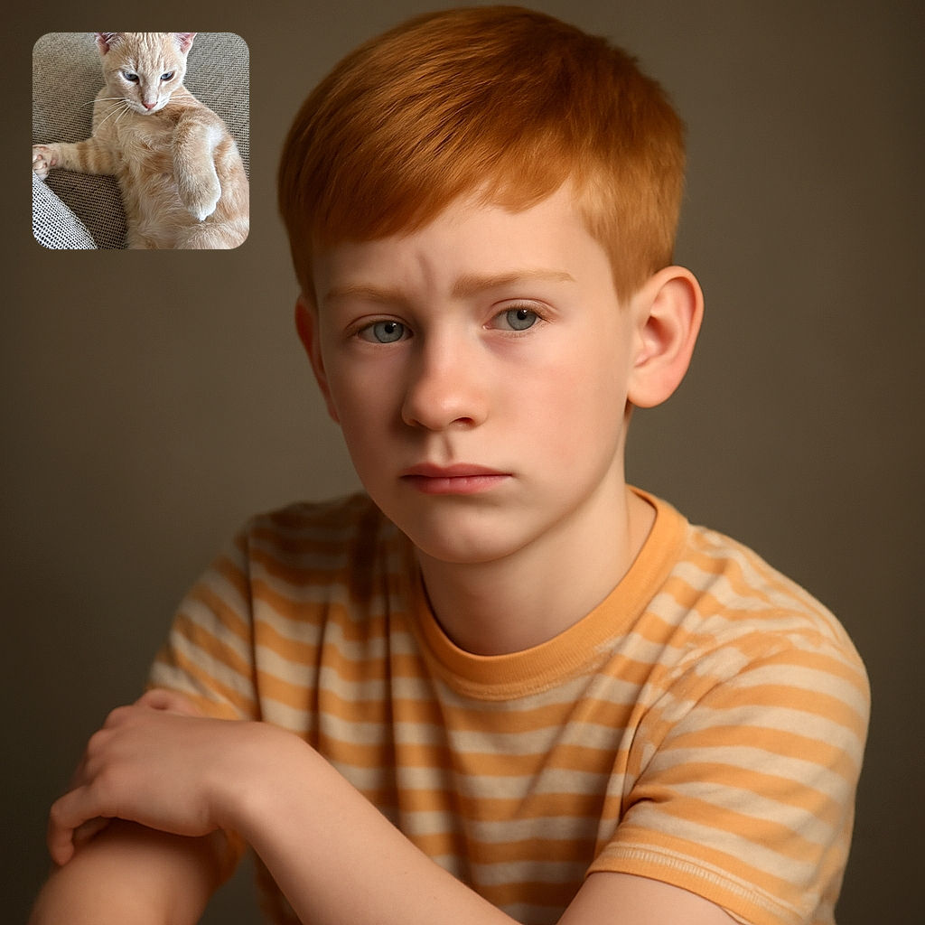 A light orange tabby kitten lounges on a textured fabric surface, looking slightly to the side with a relaxed yet curious expression. Its soft fur and delicate whiskers are in sharp focus, while the background remains simple and unobtrusive.
