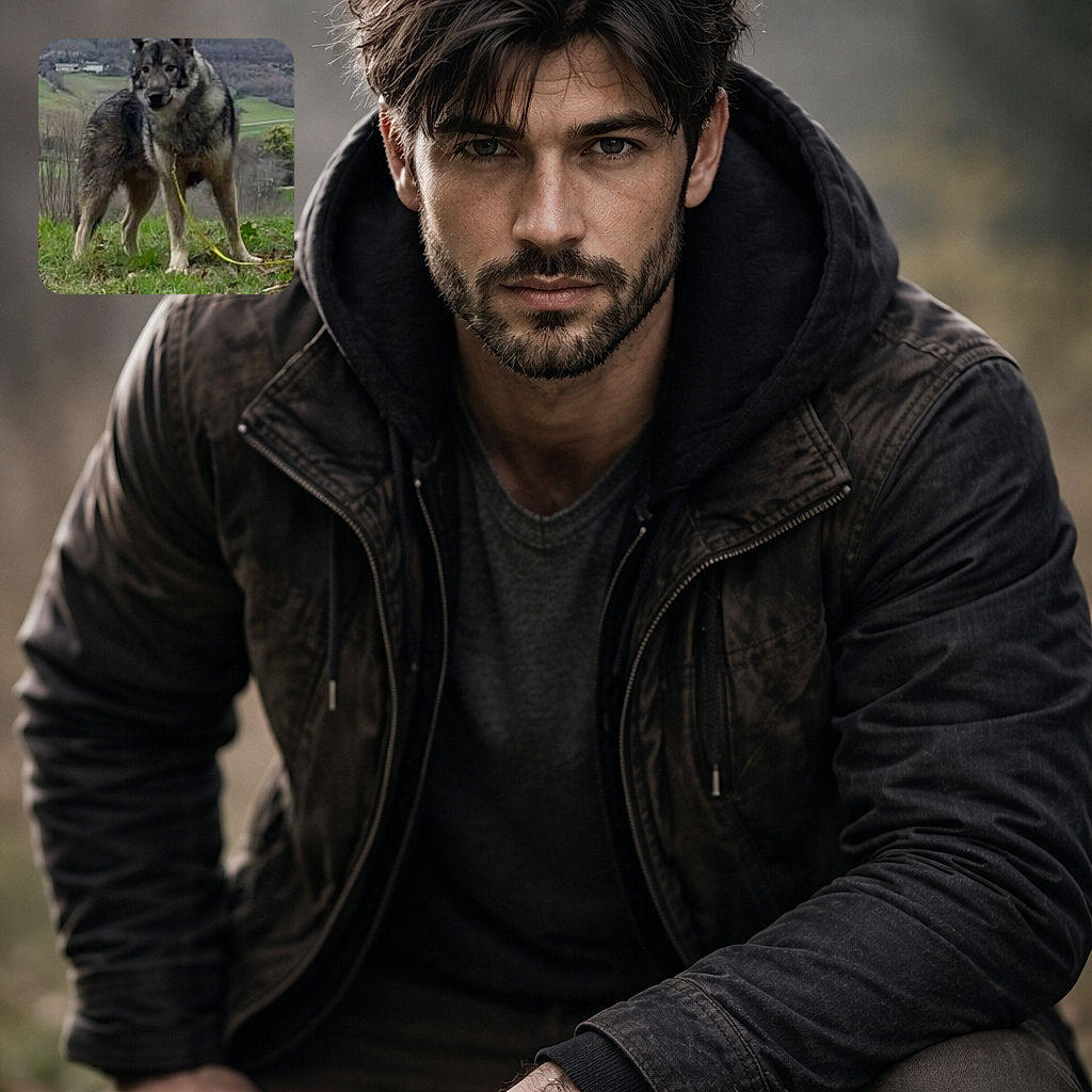 A wolf‑like dog stands dramatically on a grassy hill like a tiny mountain king — ears alert, yellow leash trailing, overcast sky and rolling fields behind, with phone UI icons cheekily framing the scene.