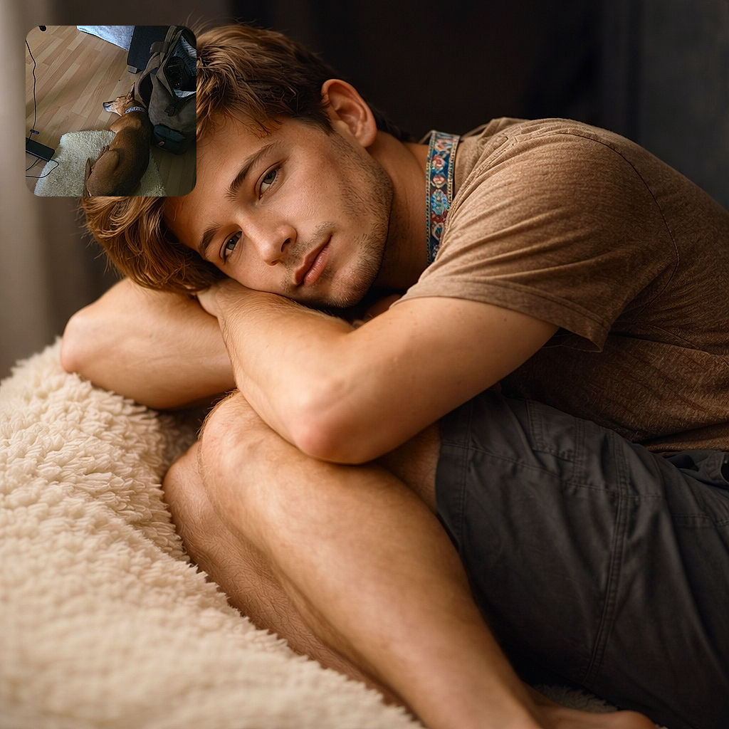 A cozy brown dog is curled up napping on a fluffy white rug on a wooden floor, surrounded by a few household items including a bag, a pet stair, and a headset hanging nearby.