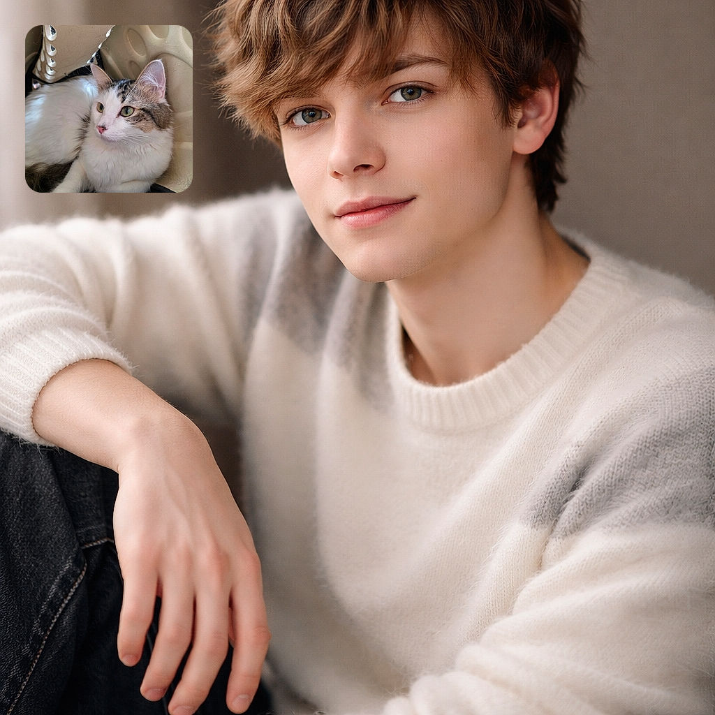 A fluffy tabby-and-white cat lounging in a cozy carrier-like nook, staring off like it’s pondering elaborate nap strategies — whiskers immaculate, pink nose prominent, and fur shedding like confetti.