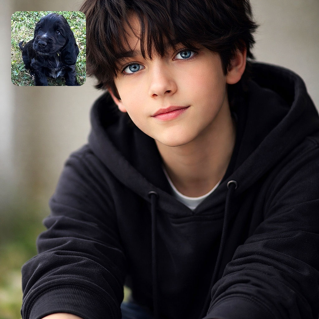 An adorable black puppy with shiny fur and soulful eyes sits on a patch of green grass, looking curiously upwards as if plotting its next playful adventure.