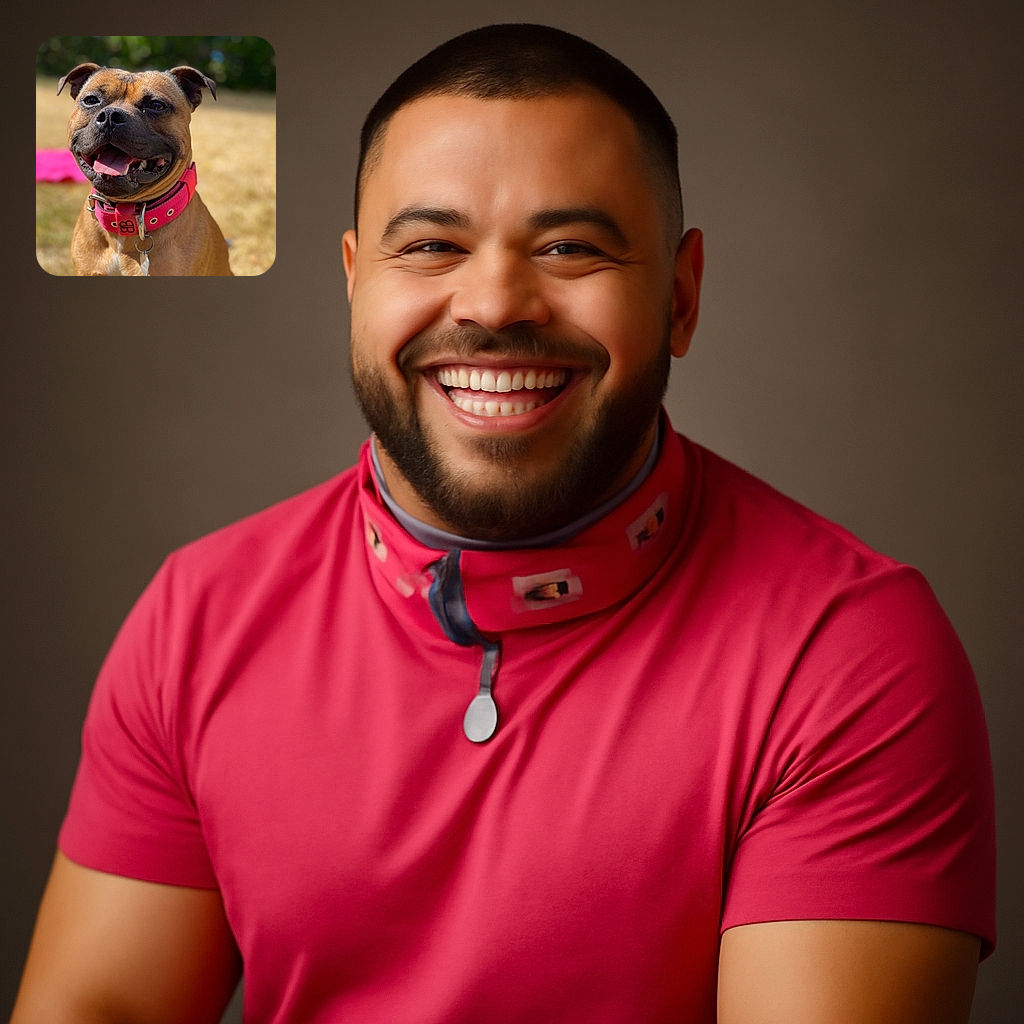 A happy dog with a bright pink collar smiles widely, tongue out, basking in the sunshine on a grassy patch with a blurred green and yellow background.