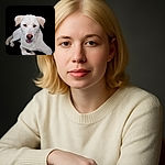 A charming white dog lounges gracefully against a pitch-black background, its warm amber eyes gazing directly at the camera with a gentle, slightly open mouth that hints at a friendly smile.