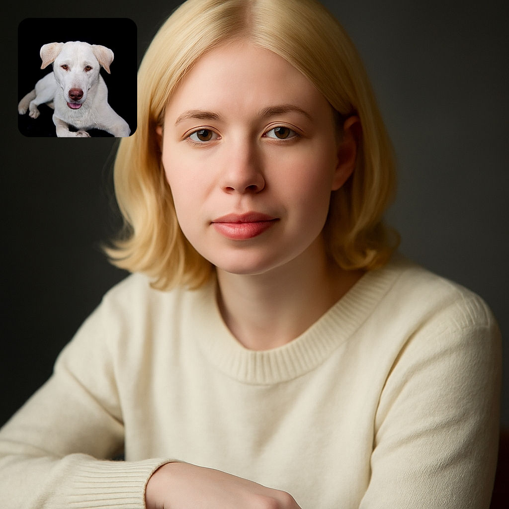 A charming white dog lounges gracefully against a pitch-black background, its warm amber eyes gazing directly at the camera with a gentle, slightly open mouth that hints at a friendly smile.