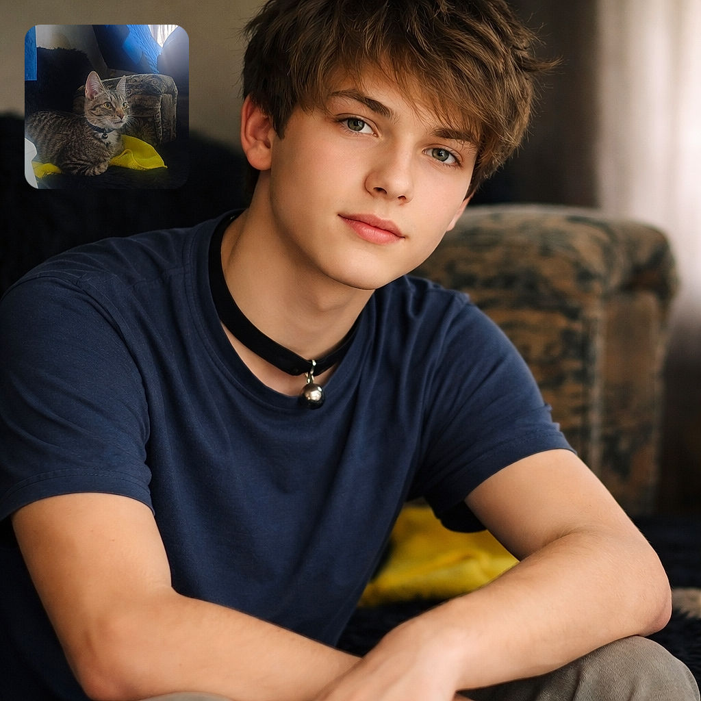 A regal tabby cat wearing a bell collar lounges on a dark fuzzy surface with a bright yellow cloth beneath — ears perked, whiskers forward, staring off like it just heard the treat bag rustle. Background shows a patterned ottoman and window light creating a cozy, slightly cluttered living-room vibe.