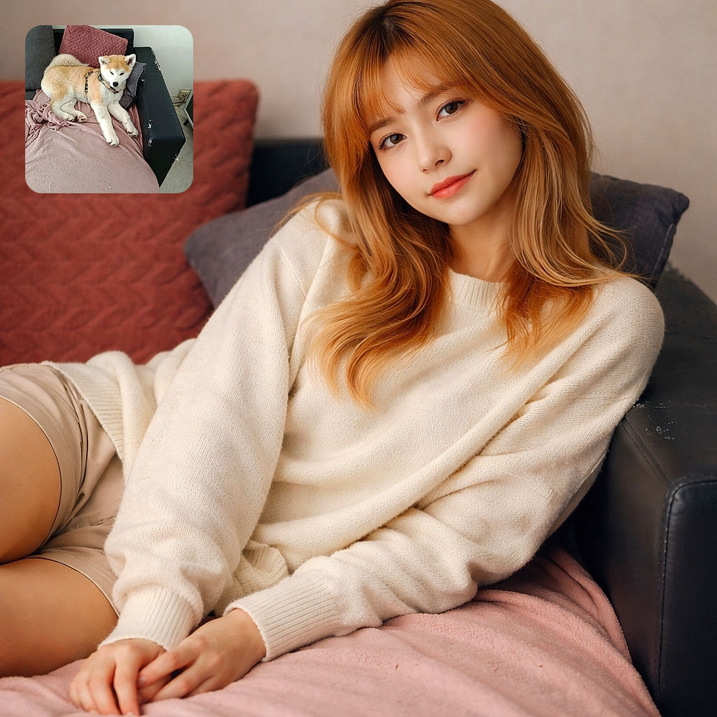 A fluffy Akita dog is comfortably lounging on a worn-out black couch with a pink blanket and cushions, looking relaxed and slightly sleepy. The couch shows signs of wear and tear, adding character to the cozy indoor setting.