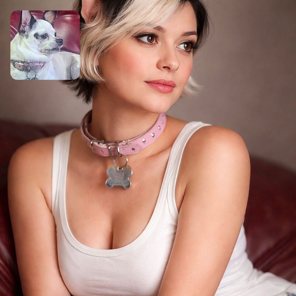 A small white and black dog with large ears lounges on a red leather couch, looking off to the side with a calm expression. The dog wears a pink collar with a blue bone-shaped tag. White text overlay humorously praises the dog, adding a playful tone to the cozy scene.