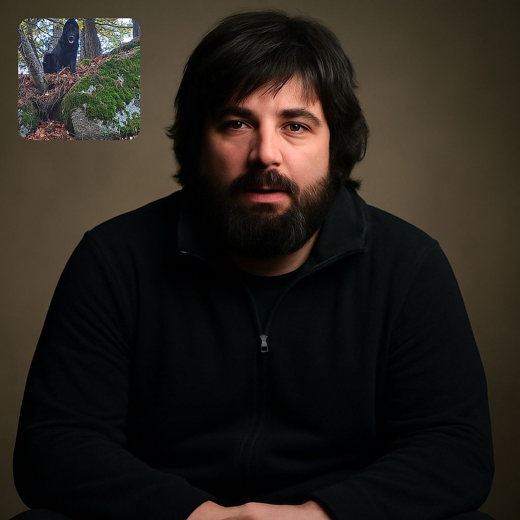 A majestic black dog perched on a moss-covered rock in an autumn forest, surrounded by fallen leaves and trees with golden foliage, looking attentively at the camera with its tongue slightly out.