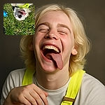 A joyful white dog lies on its back in the grass, tongue out and mouth open wide in a big happy grin, wearing a bright yellow harness. Nearby, a blue toy adds a pop of color among the green grass and scattered daisies.