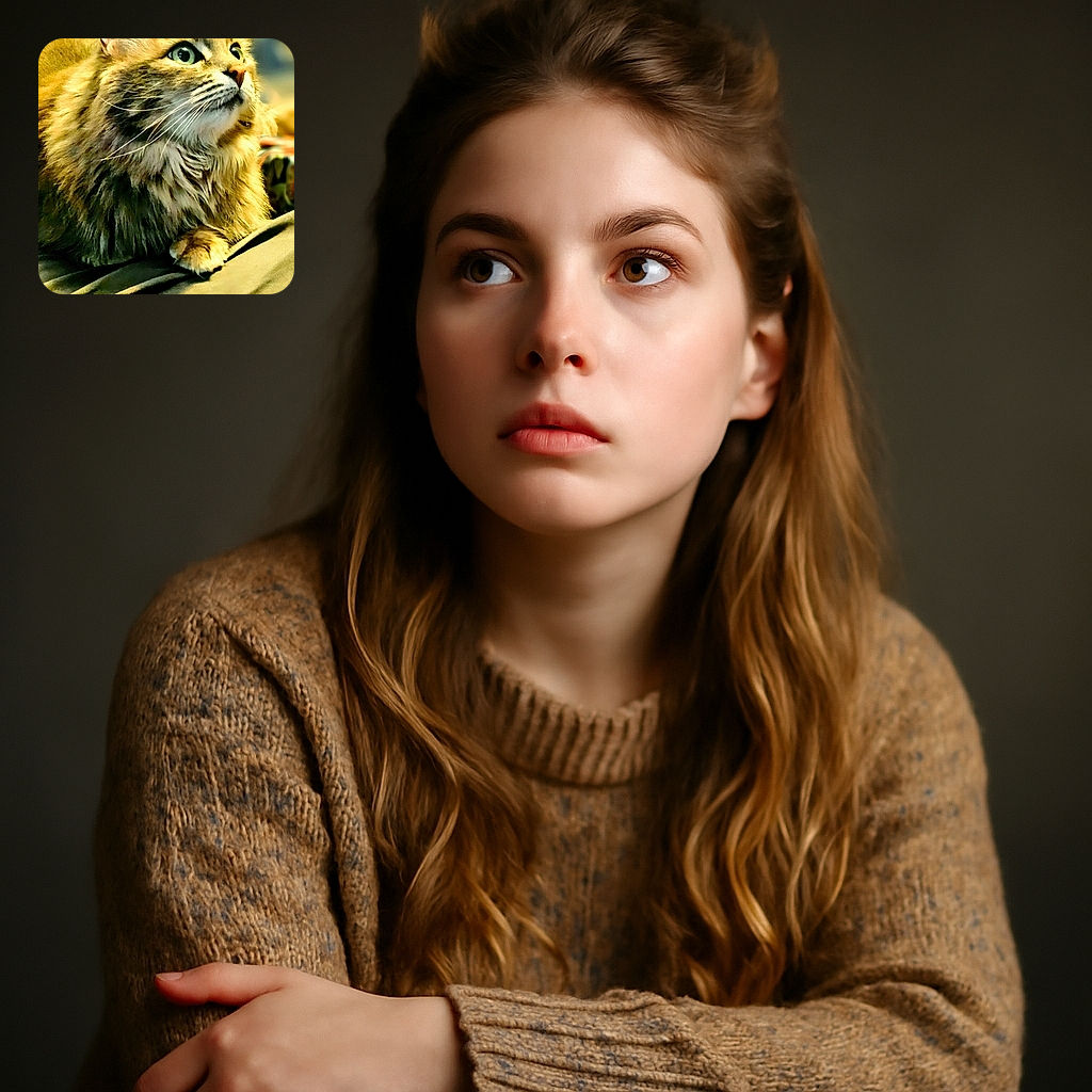 A majestic fluffy cat with bright green eyes gazes intently upwards, its luxurious fur glowing softly in warm light while resting comfortably on a textured fabric surface.