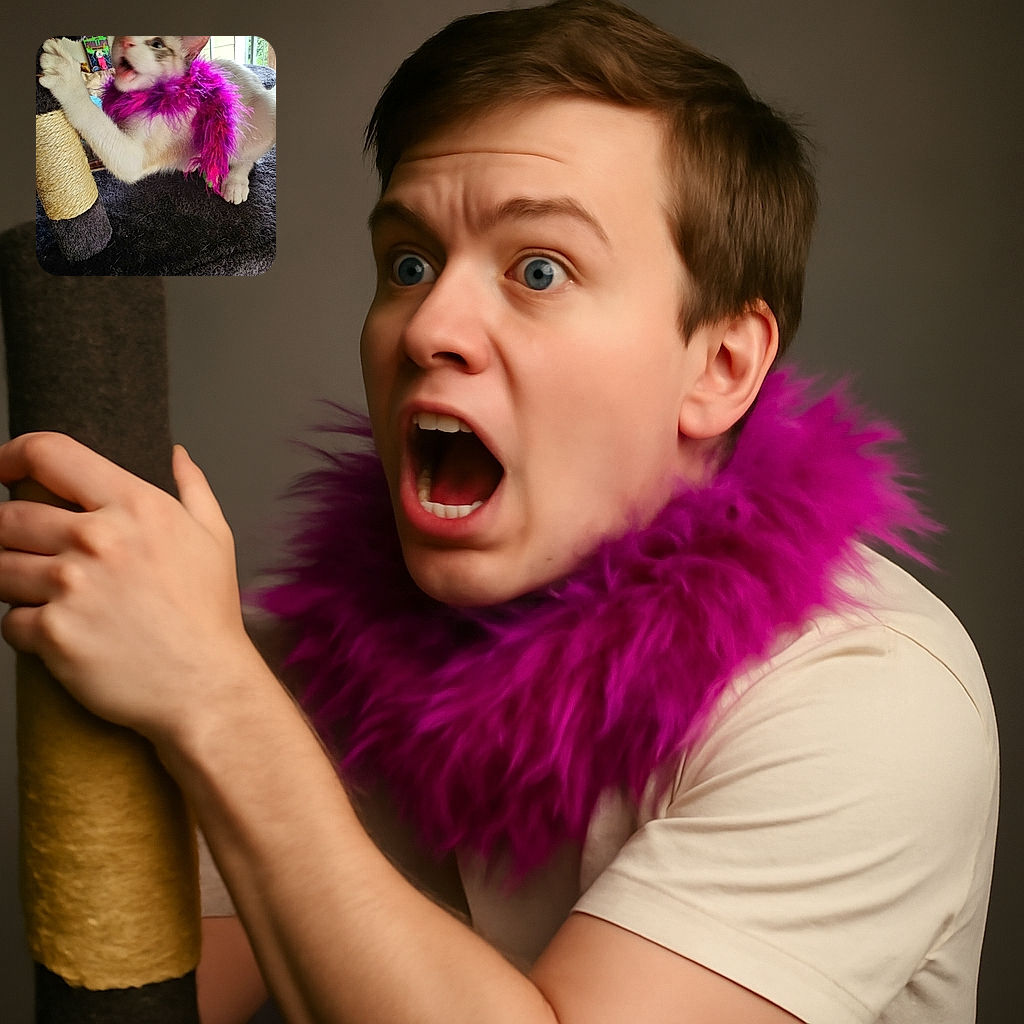 A lively cat sporting a vibrant pink feather boa is caught mid-meow while scratching a sisal-wrapped post on a plush dark carpeted cat tree, with a slightly blurred background showing a window and some colorful items.