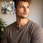 A majestic tabby cat with striking green eyes gazes thoughtfully to the side, its fur beautifully detailed and softly lit. The background shows a cozy indoor setting with a subtle hint of a Christmas tree and warm home decor, creating a peaceful and charming atmosphere.