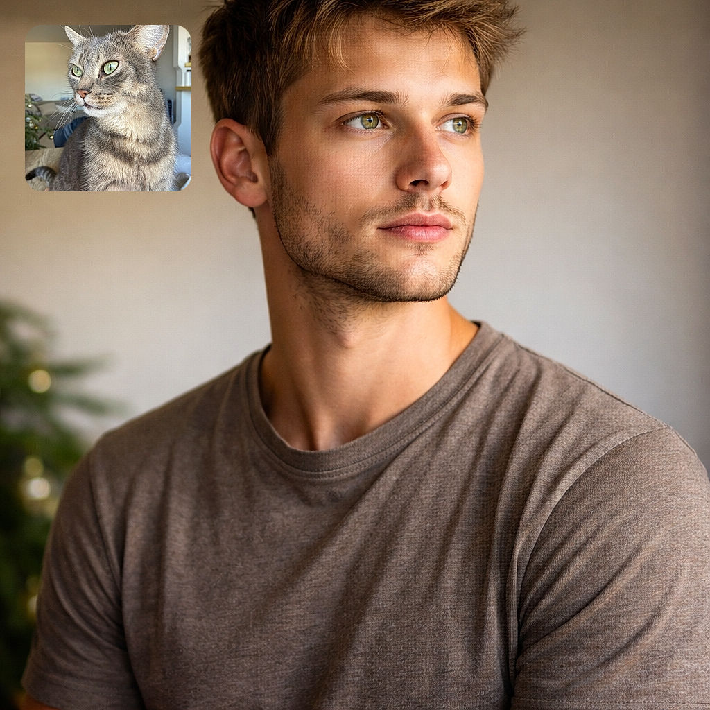 A majestic tabby cat with striking green eyes gazes thoughtfully to the side, its fur beautifully detailed and softly lit. The background shows a cozy indoor setting with a subtle hint of a Christmas tree and warm home decor, creating a peaceful and charming atmosphere.