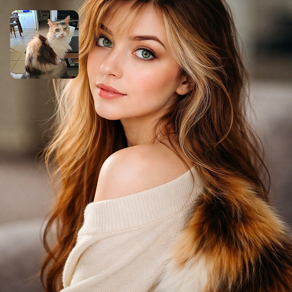 A fluffy, multi-colored cat with striking green eyes sits perched on a couch, looking curiously at the camera. The background shows a cozy living room with a wooden table, chairs, tiled floor, and a television stand with various items underneath. The lighting highlights the cat's soft fur and attentive expression.