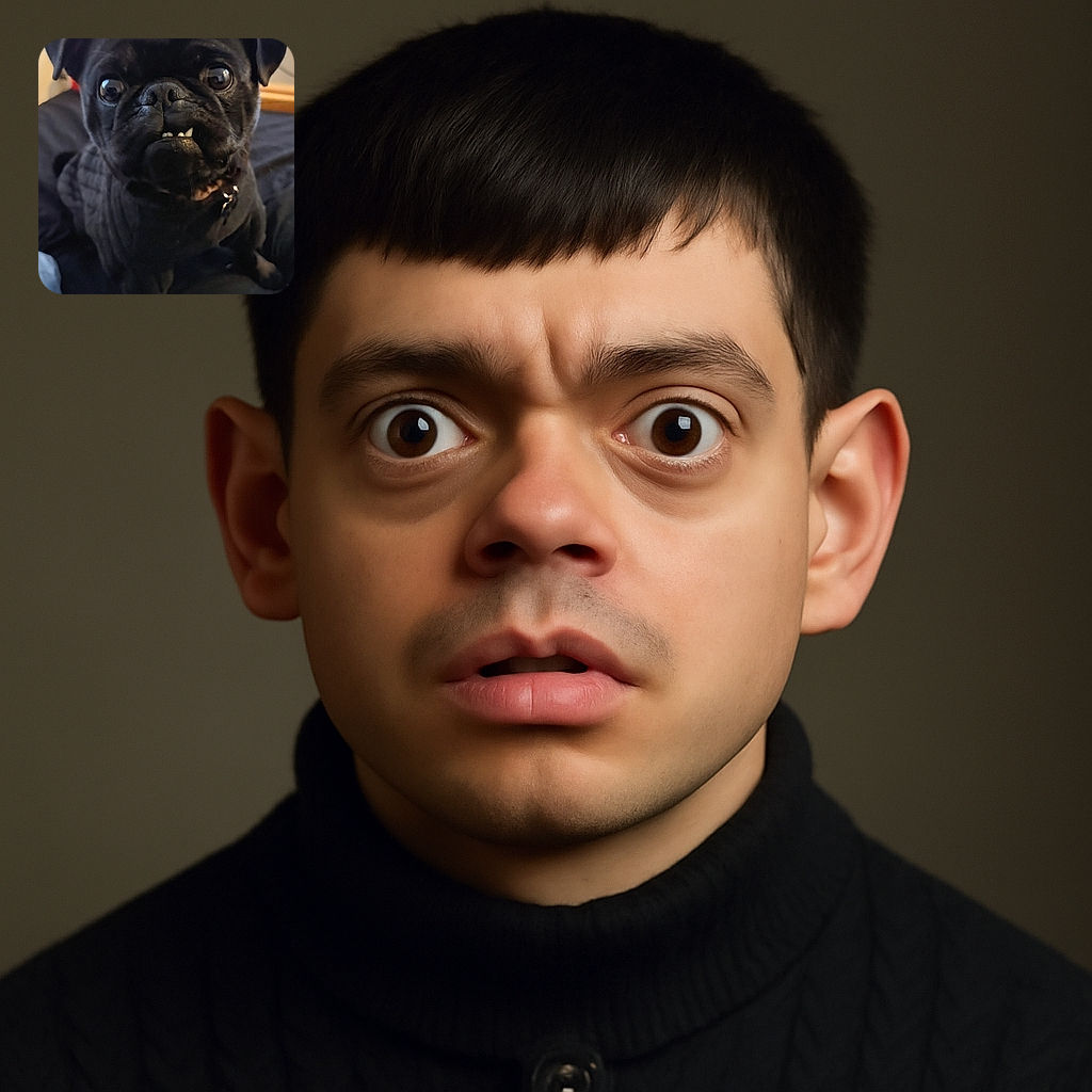 A close-up photo of a black pug with big, expressive eyes and a slightly crooked tooth showing, sitting on a dark surface indoors with a soft-focus background.