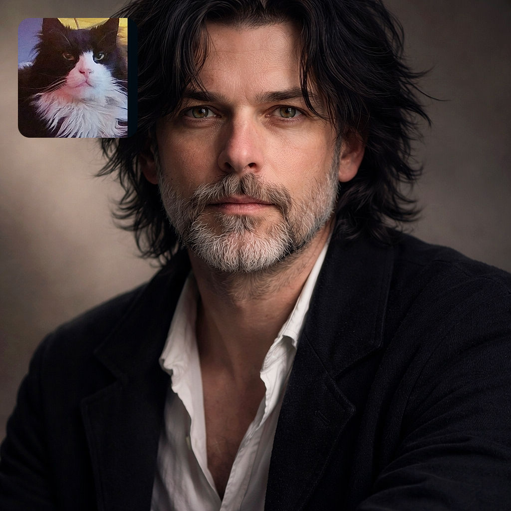 A fluffy tuxedo cat stares at the camera with a dignified, slightly grumpy expression — majestic white mane, pink nose, and whiskers all on display. The image is cozy and intimate but a bit soft and grainy, like a treasured phone snapshot of a royal pet.