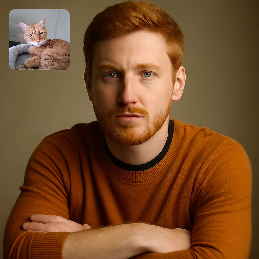 A ginger cat lounging comfortably in a soft pet bed, looking directly at the camera with intense green eyes, surrounded by a calm and neutral background.