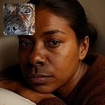 An extreme close-up of a dog's face, focusing on its textured nose and one expressive eye, resting comfortably on a white blanket with a blurred background.