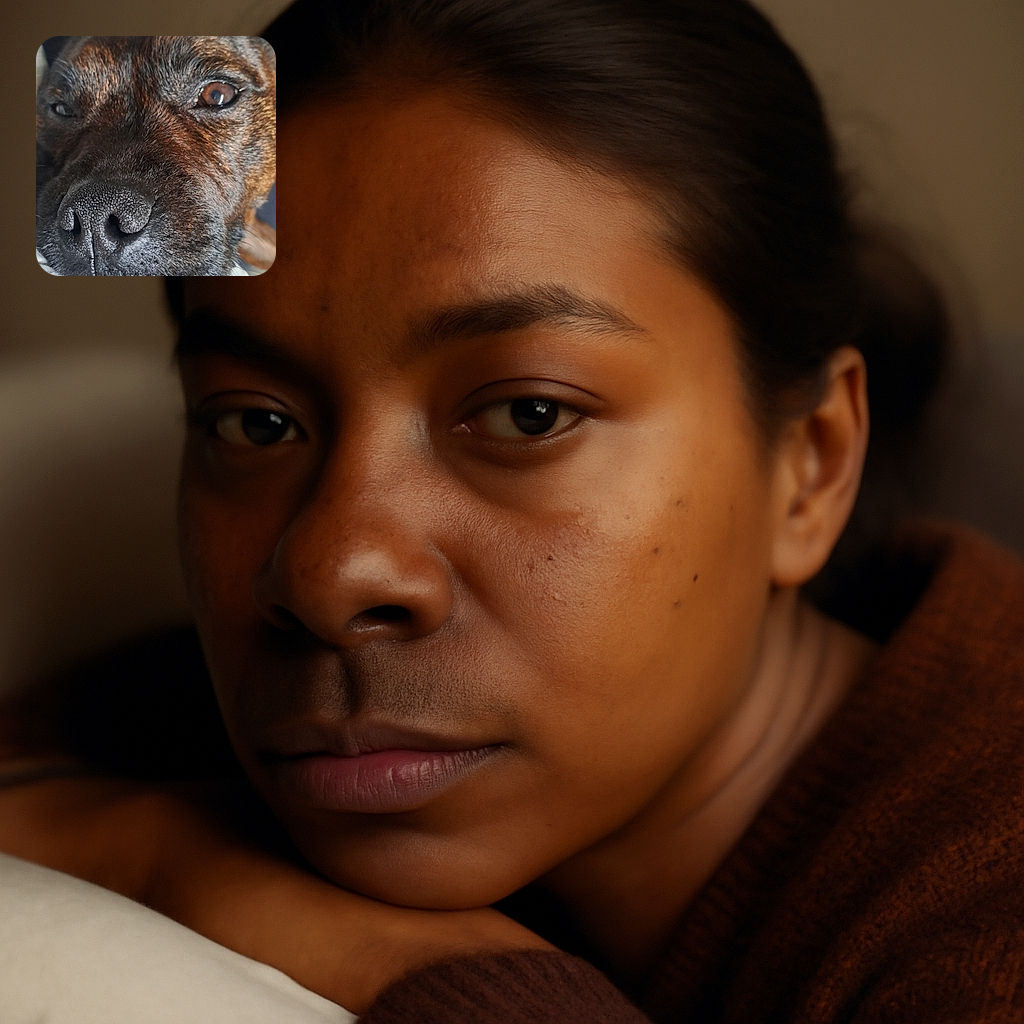 An extreme close-up of a dog's face, focusing on its textured nose and one expressive eye, resting comfortably on a white blanket with a blurred background.